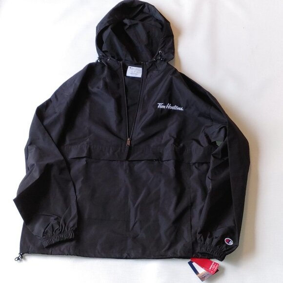 TIM HORTONS Jacket Windbreaker Men's Size Large BLACK CHAMPION Half Zip BNWT - Picture 1 of 14
